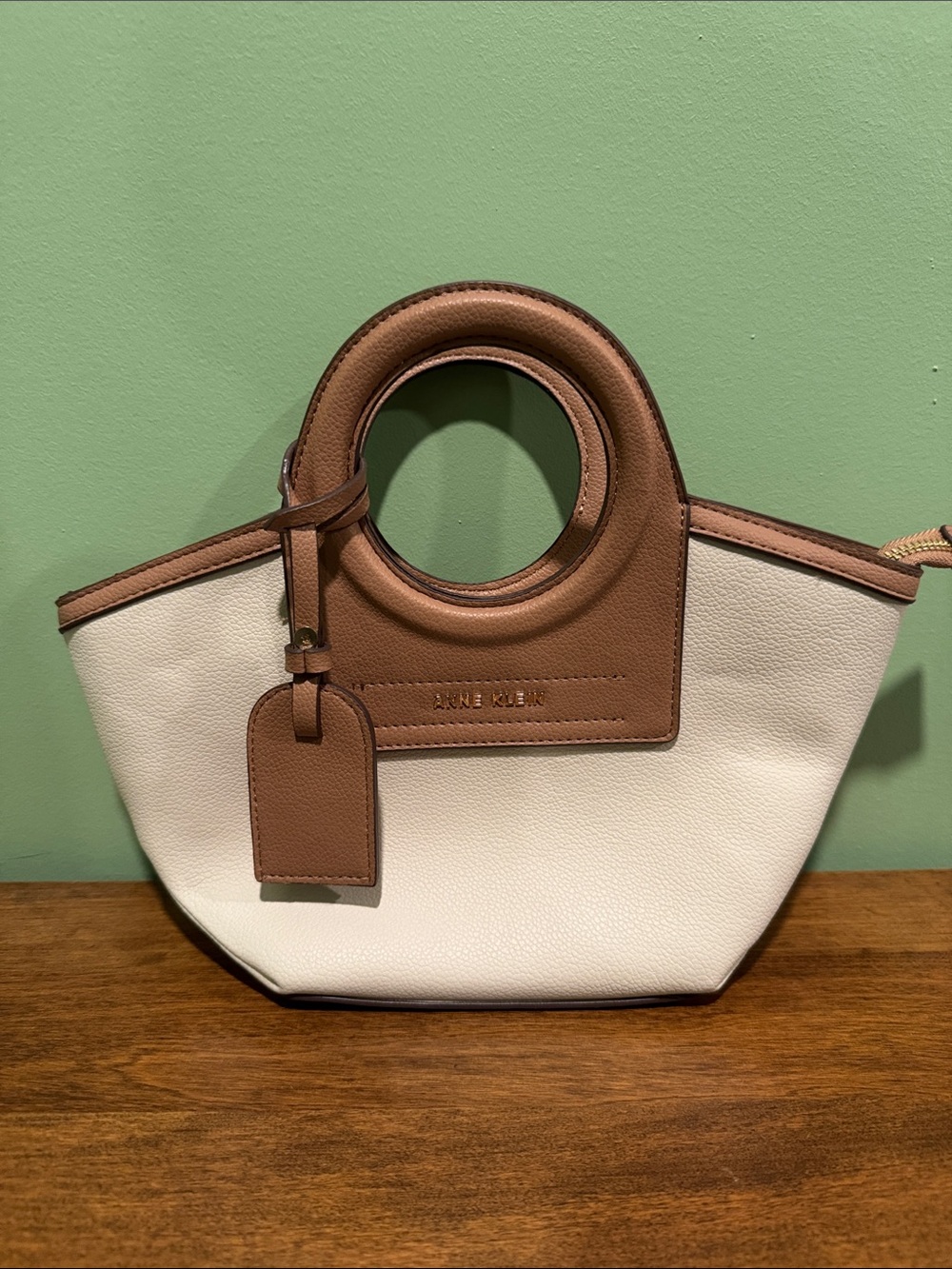 Anne Klein Cream Mini Tote with Tan Circular Top Handle —FAST SHIP